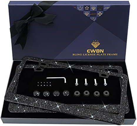 Bling Rhinestone License Plate Frame for Women 2PC，Diamond Sparkly License Plate Frames| Stainless Steel Frames & Over 1200 pcs Finest 14 Facets Black Glass Crystals Premium Diamond+GiftBox(Black)
