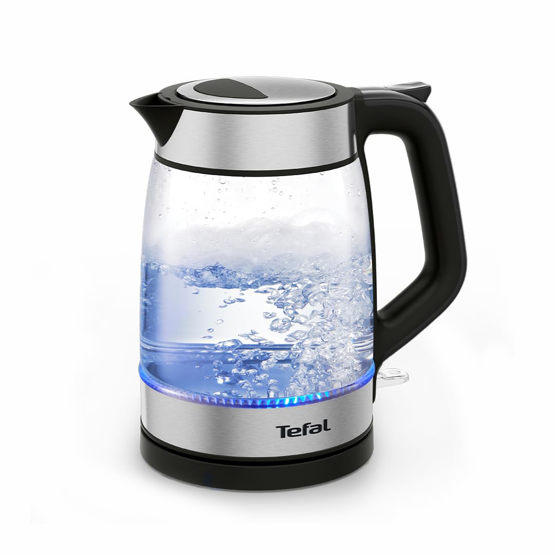 Tefal Stainless Steel & Glass Electric Kettle 1.7L 2200W Fast Boil, Cordless with LED Illumination, Precision Pour Spout, Removable Anti-Scale Filter, Water Level Indicator KI605827