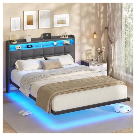 AOGLLATI 4ft6 Floating Double Bed Frame 135×190CM with LED Lights & Charging Station, Metal Platform Bed frame with Upholstered Headboard, Easy Assembly,Noise Free,No Box Spring Needed,Dark Gray Linen