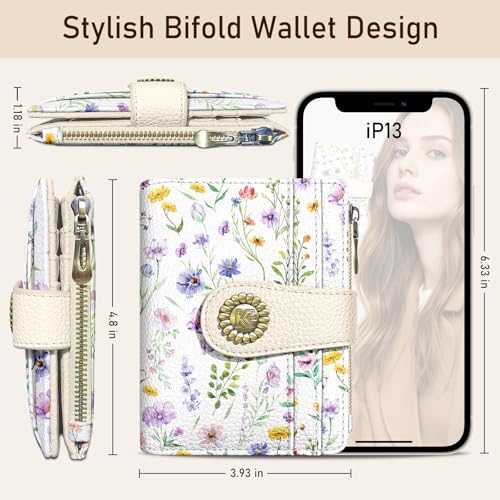 Image of Kelvoris Flowers Floral Small Rfid Women Wallet Bifold Zipper Coin Pocket | PU Leather Compact Cash Credit Card Holder, Travel Purse for Female Ladies Teen Girls, 1 ID Window 10 Card Slots