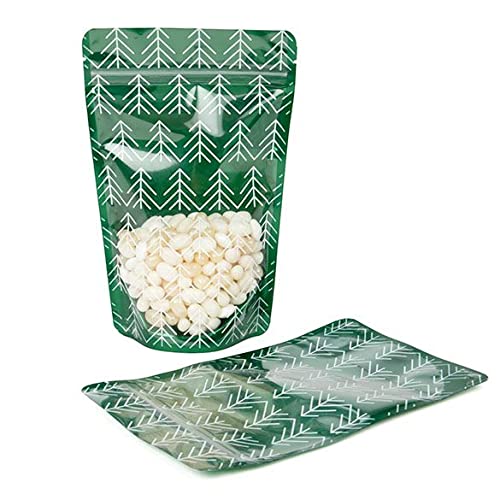 25 Pack Stand Up Pouch | Clear Front, Green Back With Tree Print Design | Christmas Holiday Stand Up Resealable Zipper Pouch | Food Safe | 5 1/8
