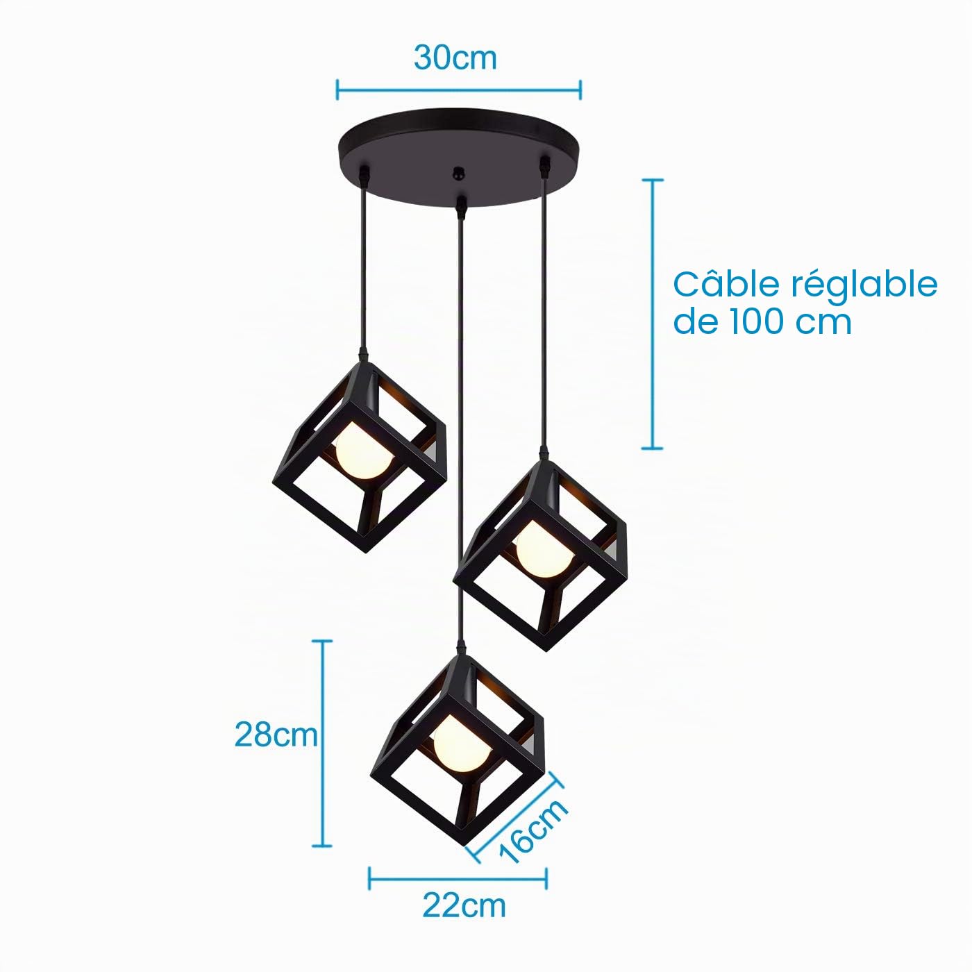 iDEGU 3 Lumières Lustre Suspension Vintage Style Geometrique Lampe de Suspension en Forme de Cube pour Chambre à Coucher, Salon, Salle à Manger, Cuisine - 16 CM, Noir