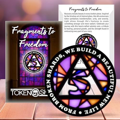 Image of Stained Glass 5 Year AA Chip Sobriety Coin Medallion, Fragments to Freedom Alcoholics Anonymous Addiction Recovery Anniversary Token, Inspirational Sober Gifts for Men and Women by the Token Shop
