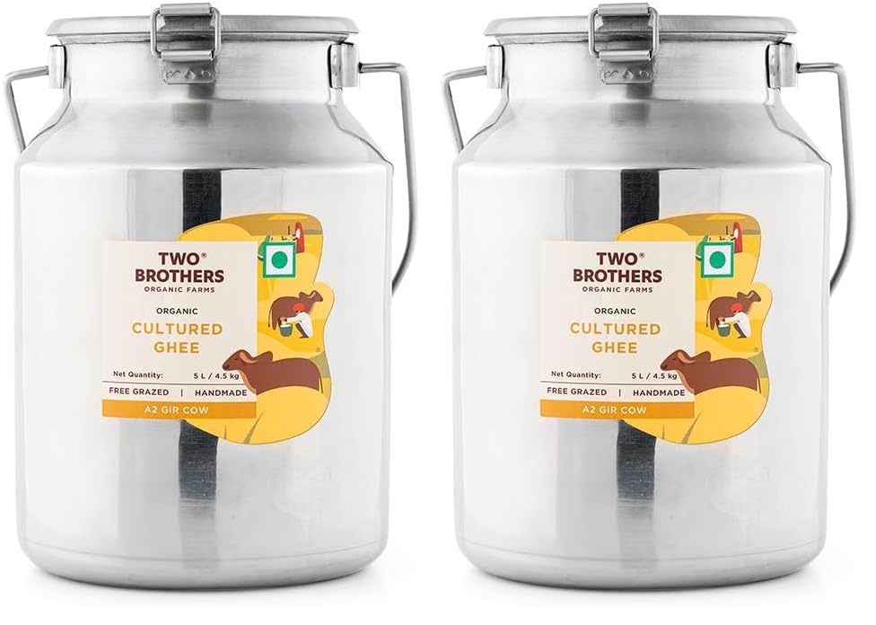 Image of Two Brothers Organic Farms Pure A2 Cultured Ghee 5L | Free-grazed Desi Gir Cows | Bilona Method | Farm-Made with Probiotics for Gut Health | India's only Certified Glyphosate-Free ghee (Pack of 2)