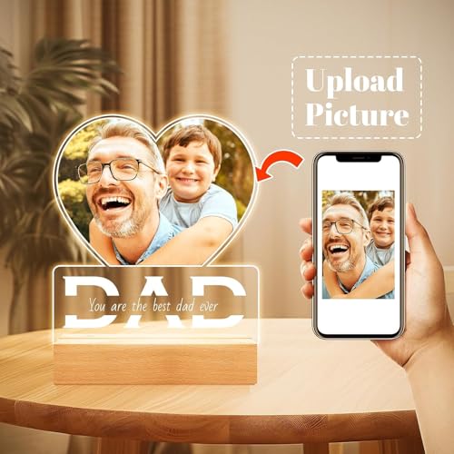 Image of SNAPTRAP Personalized Fathers Day LED Acrylic Photo Lamp with Customized Text | Heart Shape Dad Photo Frame Night Light Gift for Father Daddy Papa from Son Daughter Wife Family