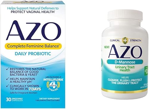 AZO Probióticos diarios de equilibrio femenino completo para mujeres, clínicamente probados y la salud del tracto urinario de manosa D, limpia,