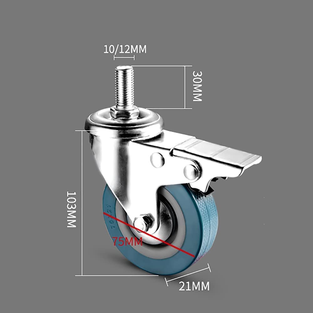 Ruote girevoli da Ufficio da 75 mm, Portata 200 kg, con Freno, Filettatura M10/M12, Ruote per carrelli e mobili.