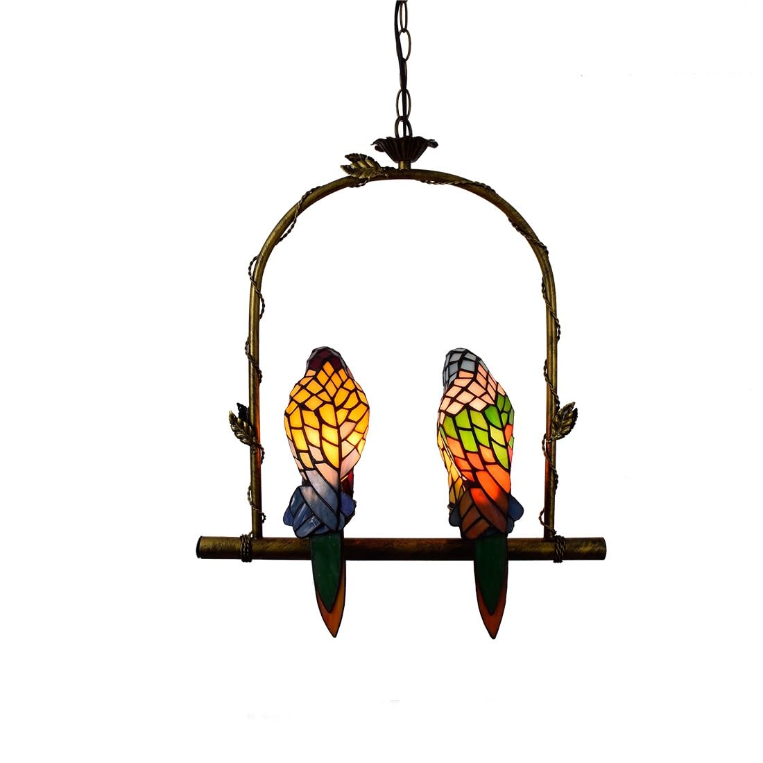 Tiffany Stained Glass Parrot Chandelier, 2 Heads Ceiling Light Handmade Vintage Style Decor Pendant Lamp Fixture for Dining Living Room Bedroom Restaurant Hallway