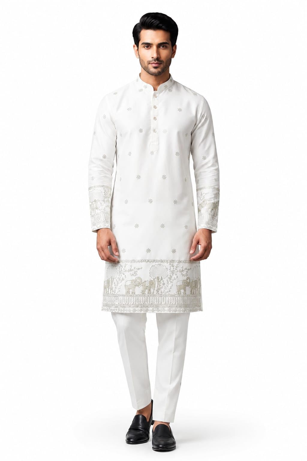 Men's White Embroidered Kurta Pyjama Set with Elephant Motif-picture-24