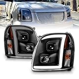 AmeriLite LED Bar Projector, Halogen, LED Car Headlights Set For 2007-2014 GMC Yukon/Yukon XL/Denali Driver + Passenger Side, Vehicle Light Assembly, led bar LED Bar Black