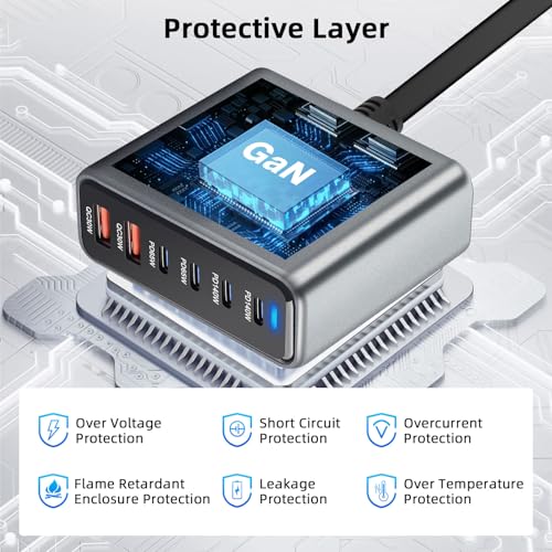 Cargador USB C 470W ARCELI GaN III, tecnología avanzada de carga múltiple 6