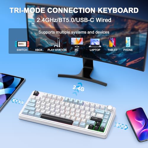 Aula F75 Mechanical Keyboard, Wireless Gaming Keyboard BT5.0/2.4GHz/USB-C, Hot Swappable Custom Pre-lubed Reaper Switches, Creamy Keyboard RGB Backlit with Knob, PBT Keycaps for PC MAC (Glacier Blue) — view 3