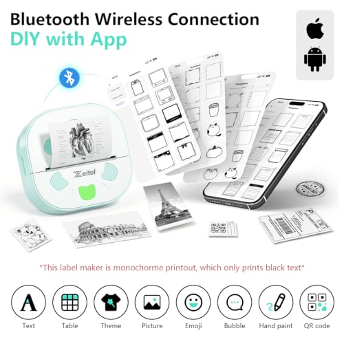 Image of ZEITEL Mini Printer for Mobile, Thermal, Portable, Bluetooth, Inkless Small Printer, Compatible Android & iOS Mobile, 20mm /s High Speed, with 3 Rolls Thermal Paper (2 Year Warranty)