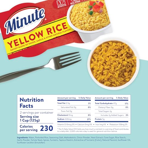 Image of Minute Ready-to-Serve Yellow Rice Cups, Instant Rice, (8)-Count Pack | Single-serve (8.8)-ounce microwaveable rice cups, ready in 1 minute, seasoned with turmeric powder, gluten-free and non-GMO