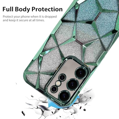 Image of VONZEE Gradient Glitter Clear Case for Samsung S25 Ultra, Luxury Electroplated 3D Cube, Diamond Bling Shiny Soft TPU Clear Shockproof Women Girls Protective Phone Cover (Green)