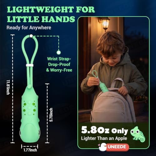 UNEEDE Kids Flashlight Rechargeable, Cute Silicone LED Flashlight for Boys Girls, Night Light with Stepless Dimming & Adjustable Focus, Glow in the Dark for Camping Outdoor Adventure (Chameleon) - 2