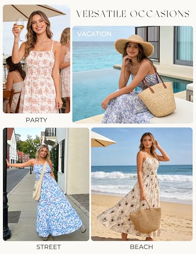 Image of GRACE KARIN Summer Dresses for Women 2026 Vacation,Smocked Floral Maxi Dress,Boho Beach Sundress with Pocket Fashion Clothing