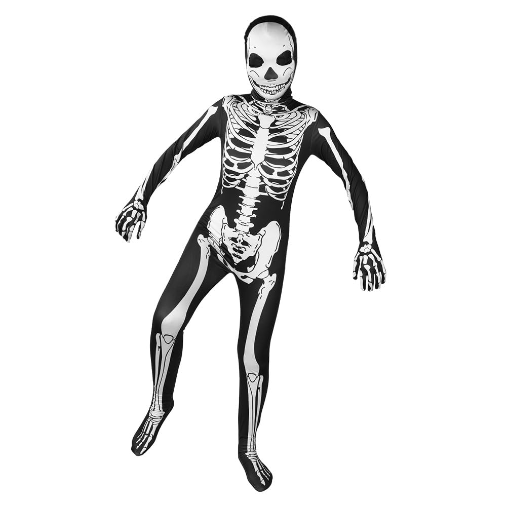 AOOWU Kids Skeleton Costume for Halloween, Childrens Skeleton Costume for Halloween, Kids Skeletons Halloween Fancy Dress Costume, Spooky Skeleton Onesie Scary Bones for Boys and Girls, L