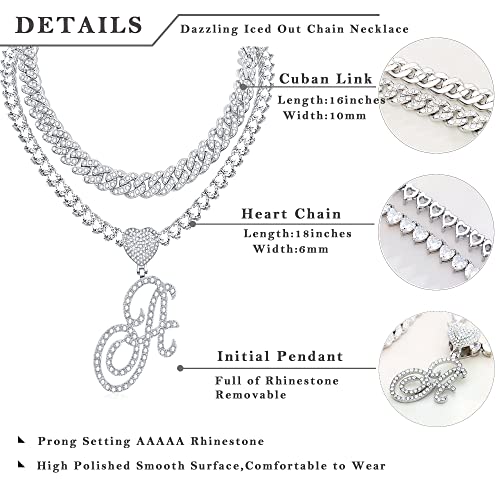 Kohota Cursive Silver Initial Pendant Necklace For Women Miami Cuban Link Chain Layered Heart Shape Bling Diamond Iced Out Chain Pendant Necklace Hip Hop Jewelry Gift 2Pcs Chains #TOP4