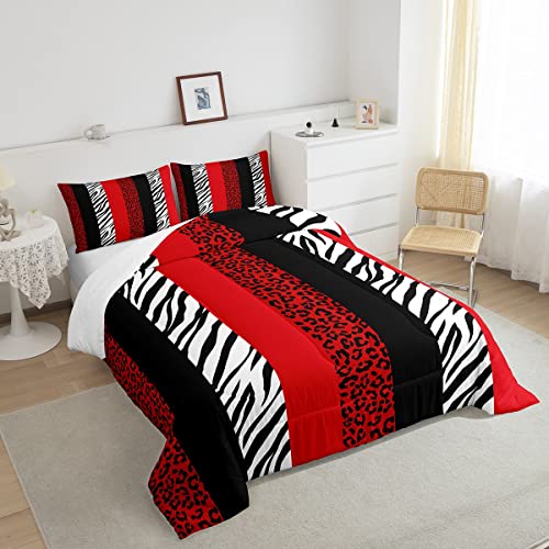 Leopard Print Comforter Set Queen,Zebra Skin Texture Bedding Set 3Pcs For Kids Teens Girls Woman Room Decor, Striped Fashion Quilt Set Black White And Red Duvet Insert With 2 Pillowcases #TOP1