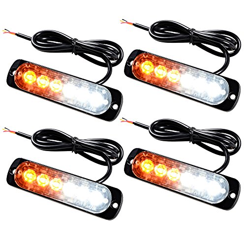 amopacorp 4pcs 6-LED Ultra Slim White and Amber Warning Emergency Hazard Construction Surface Mount Flash Strobe Lights