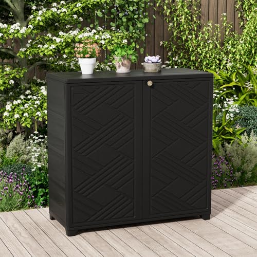 Image of KINYING Outdoor Storage Cabinet Waterproof, 60 Gallon Resin Outdoor Storage Shed for Patio /Garden /Backyard, Outdoor Storage Box for Cushions,Garden Tools and Pool Supplies(Black W /O Shelving)