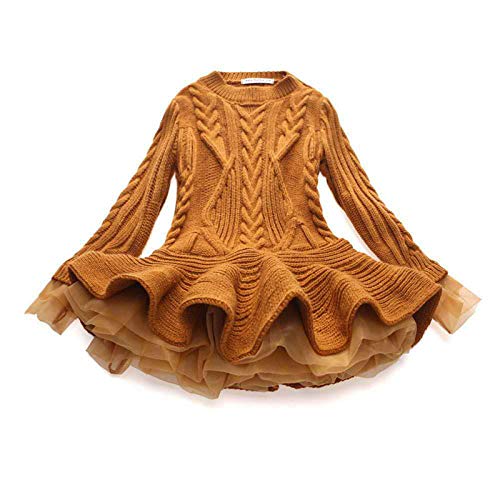 RNTOP Girls Sweater Dress Knitted Long Sleeve Pullover Cable Knit Crochet Ruffle Tutu Dress Kids Warm (Brown, 6-7 Years)