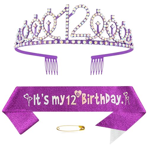 Fascia viola per il 12° compleanno per ragazze di compleanno principessa corona regina tiara strass fascia compleanno ragazza fascia decorazioni di buon compleanno per ragazze 12 anni forniture per