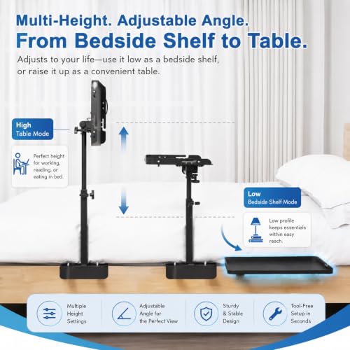 Image of Adjustable Bedside Shelf, Clamp-On Bed Table with Rotating Top for Dorm | Height Adjustable • 360 Rotating Top • Heavy-Duty Metal Frame • Fits Most Bed Rails • Easy Clamp Installation