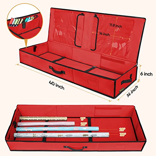 Baleine Christmas Wrapping Paper Storage Organizer With Flexible Partitions And Pockets, 40" Durable 600D Oxford Fabric Gift Wrap Storage Bag Fits Ribbon, Ornaments, Holiday Accessories (Red) #TOP3