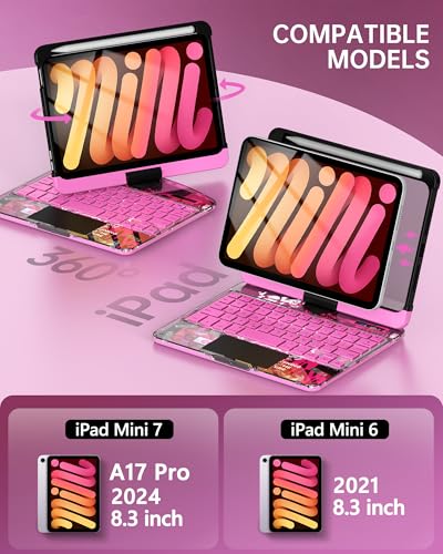 Image of Intermerge Keyboard Case for iPad mini 7 (A17 Pro, 2024) & Mini 6 (2021) 8.3 inch - 360 Swivel Multi-Touch Trackpad, 7-Color RGB Backlit Keys, Pencil Holder, Type-C Charging, Power Indicator-Blush Pulse