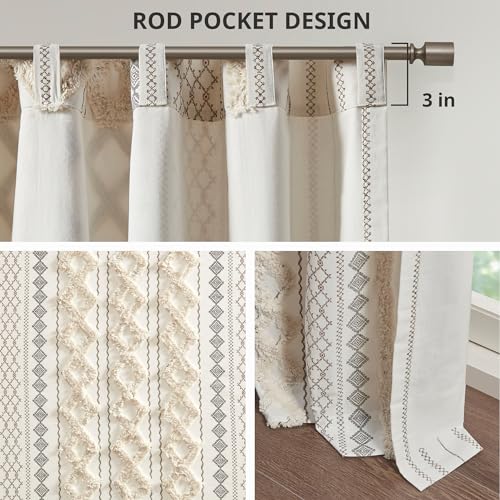 Image of INK+IVY Boho Curtains for Bedroom & Living Room, 100% Cotton Tufted Chenille Stripe Modern Farmhouse Curtains, Light Filtering Drapes, 50 inch x 95 inch, Ivory (Pack of 4)