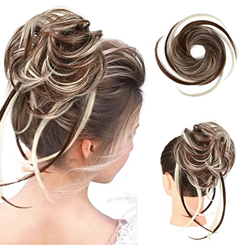 HOOJIH Messy Bun Hair Piece, Super Long Tousled Updo Hair Bun Extensions Wavy Hair Wrap Ponytail Hairpieces Hair Scrunchies with Elastic Band for Women - Light Auburn with White Blonde Highlights