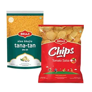 Bikaji Aloo Bhujia & Potato Chips Tomato Salsa Combo – 280g | Ready to Eat Indian Namkeen | Crunchy Tea-Time Snack, Bar Snack & Party Mix | Spicy Tangy Munchies for Sharing & Everyday Snacking