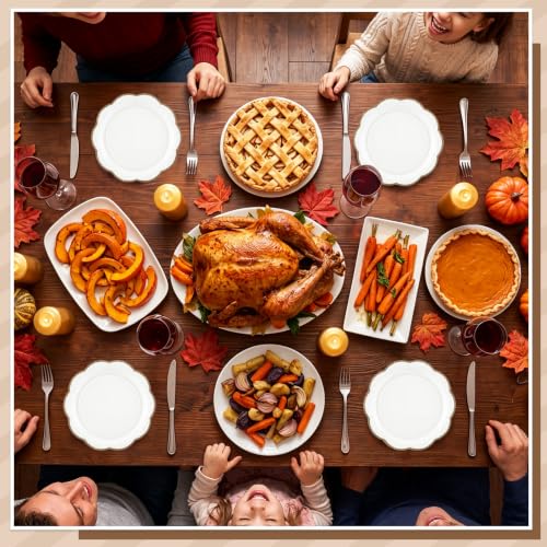 Image of 30 Pcs Brown and White Paper Plates 7 In Scalloped Fall Plates Disposable