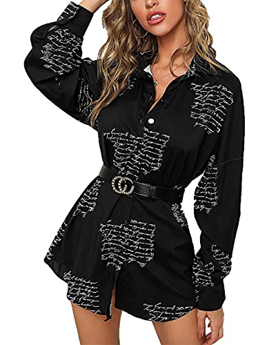 Image of Glozeplus Long Sleeve Button Down Collar Mini Shirt Dress for Women | Trendy script print shirt dress.The button-down front and collared V-neck create a chic.Perfect for office or casual dates.