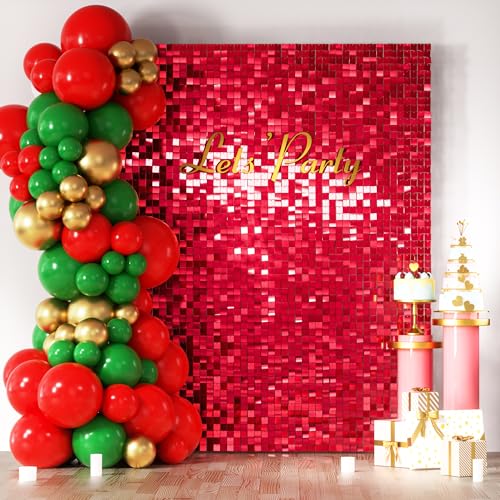 COKAOBE Red Shimmer Wall Backdrop, 24 Panels Square Sequin Shimmer Backdrop, Photo Backdrops for Birthday, Anniversary, Wedding, Graduation & Bachelorette Party Decoration