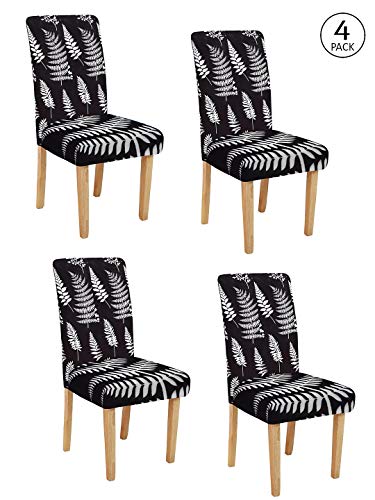 Image of Cortina Dining Chair Slipcovers | Anti Slip Chair Cover | Leaf Print, Removable & Easy Wash | Universal Fit Super Soft Stretchy Polyester Spandex | Living Room, Kitchen, Hall | Pack of 4, Black 1