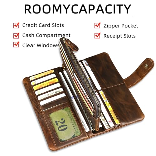 Image of Genuine Crazy Horse Leather Travel Gift Coin Pocket Card Case Long Organizer Chain Rfid Wallet Purse With Snap For Men Male 1803 1815 (1803 Light Brown)