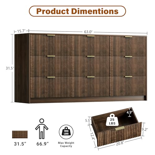 Image of Furniway 3 Piece Bedroom Set, 9 Drawer Dresser and 3-Drawer Nightstand Set of 2 with Gold Handles, Mid-Century Modern Wood Chest of Drawers Storage Cabinet for Bedroom, Walnut