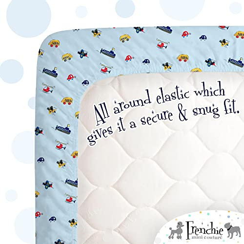 Frenchie Mini Couture, Fitted Crib Sheet Single, 100% Woven Cotton, Toddler Fitted Sheet, Fits Standard Size Baby Mattress 28 X 52 X 8In, Cars, Boats, & Planes (Light Blue) #TOP5