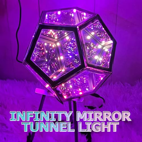 Infinity Mirror Tunnel Light – Lampada reattiva al suono RGB, segnale al neon pentagonale con telecomando e interfaccia USB, luci notturne perfette per giochi, feste di Halloween, compleanni