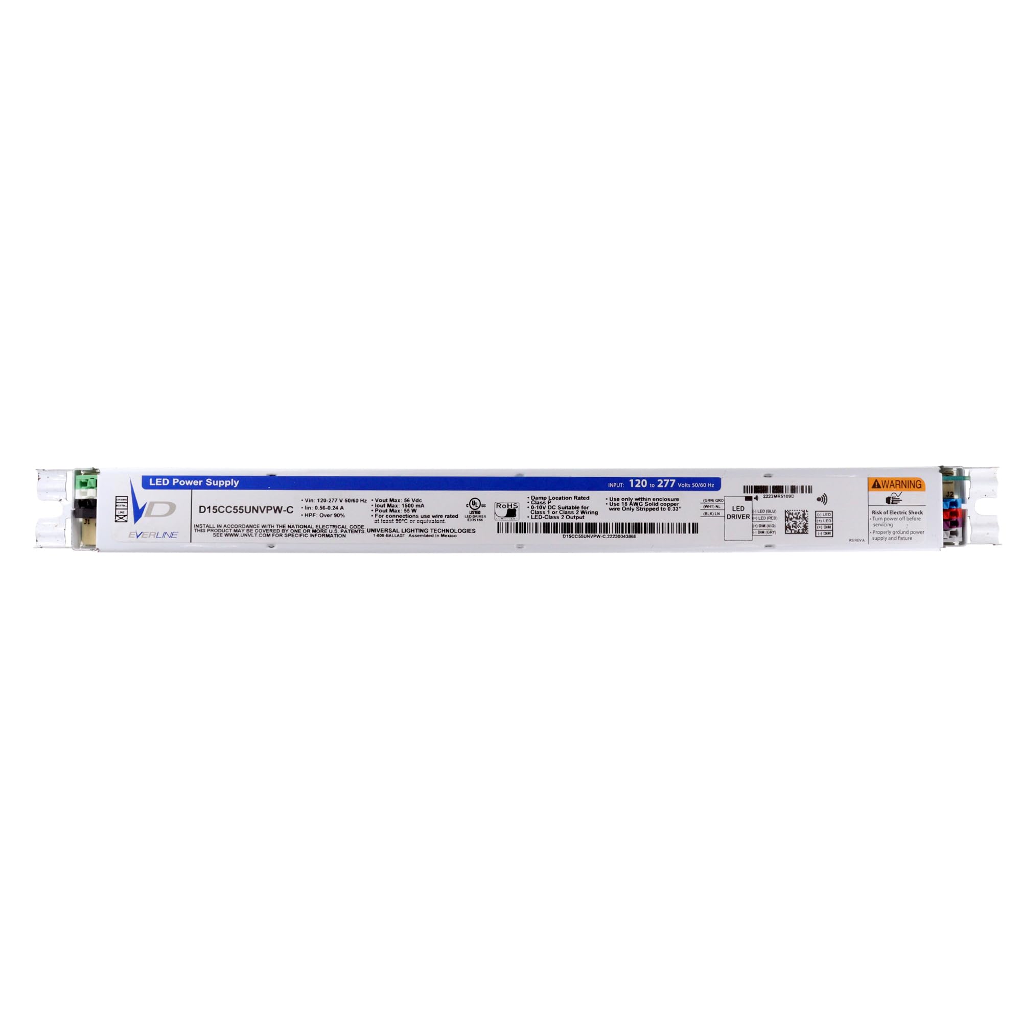 Universal Lighting Technologies D15CC55UNVPW-C Dimmable LED Driver, 56V, 55W, 890mA, 120-277V