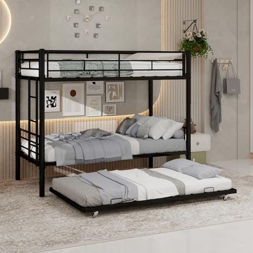 odikalo Literas 3 Camas 90 x 190 cm con Cama Gigogne, Marco de Camas de Metal con Barreras de Seguridad, Convertible en 3 Camas Individuales, sin Colchón, Negro