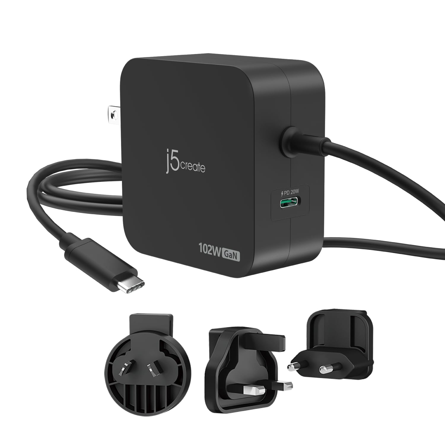 j5create 102W GaN Caricabatterie USB-C a 2 porte con adattatore da viaggio UE/UK/US/AU, compatibile con MacBook Pro/Air, iPhone 16/15, iPad, Galaxy S24 (JUP25102V)