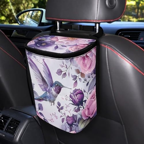 Image of Talayituse Hummingbird Rose Flower Print Car Trash Can with Adjustable Straps, Car Trash Bag Bin Car Garbage Bag Multipurpose Storage Box for Vehicle Travel Camping Picnicing