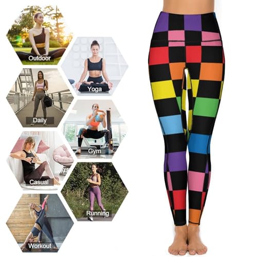 Legging noir carreaux arc-en-ciel pour femme avec poches | Pantalon de yoga - 4