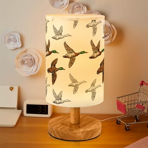 Imvertu Flying Mallard Duck Bedside Table Lamp for Bedroom with USB Port Funny Cozy Kids Nightstand Lamp with Wood Base Polyester Fabric Shade for Living Room Dorm Desk (Brown)
