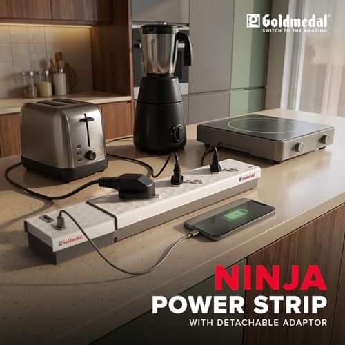 Image of Goldmedal Ninja 3x1 Power Strip with Detachable 25W USB Charger with PD & Quick Fast-Charging, 2 Meter Cable, 3 International Sockets with Plugged-in Type A & Type C Detachable Charger for Travelling