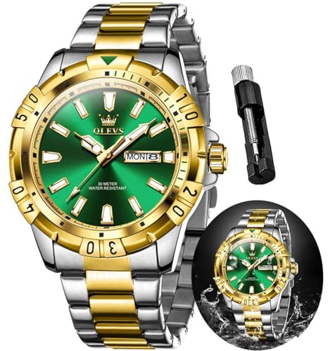 OLEVS Watches for Men Fashion Silver Green Business Dress Luxury Big Face Waterproof Luminous Men‘s Wrist Watch with Date Analog Stainless Steel Men Watch Reloj para Hombre